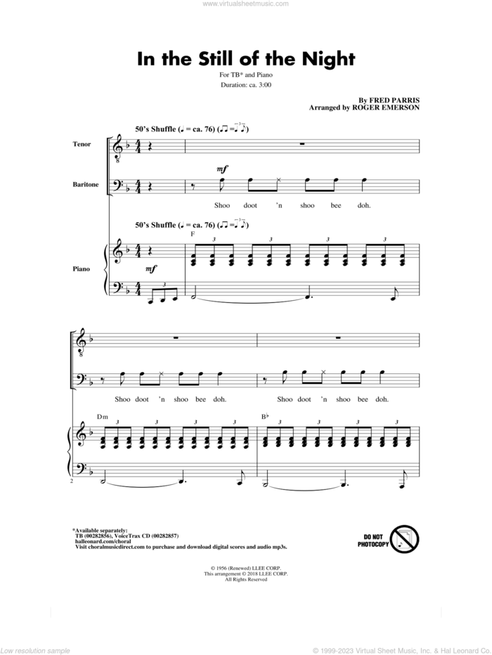 In The Still Of The Night (arr. Roger Emerson) sheet music for choir (TB: tenor, bass) by Fred Parris, Roger Emerson, The Five Satins and Frederick Parris, intermediate skill level