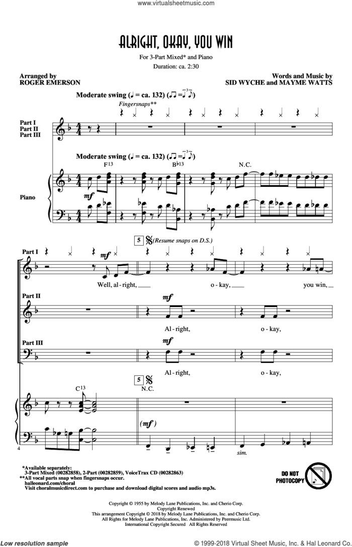 Alright, Okay, You Win (arr. Roger Emerson) sheet music for choir (3-Part Mixed) by Sid Wyche, Roger Emerson, Peggy Lee and Mayme Watts, intermediate skill level