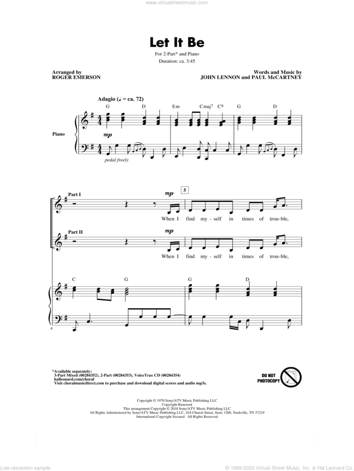 Let It Be (arr. Roger Emerson) sheet music for choir (2-Part) by The Beatles, Roger Emerson, John Lennon and Paul McCartney, intermediate duet