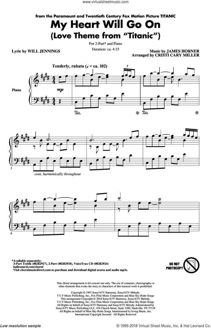 My Heart Will Go On (from Titanic) (arr. Cristi Cary Miller) sheet music for choir (2-Part) by Celine Dion, Cristi Cary Miller, James Horner and Will Jennings, wedding score, intermediate duet