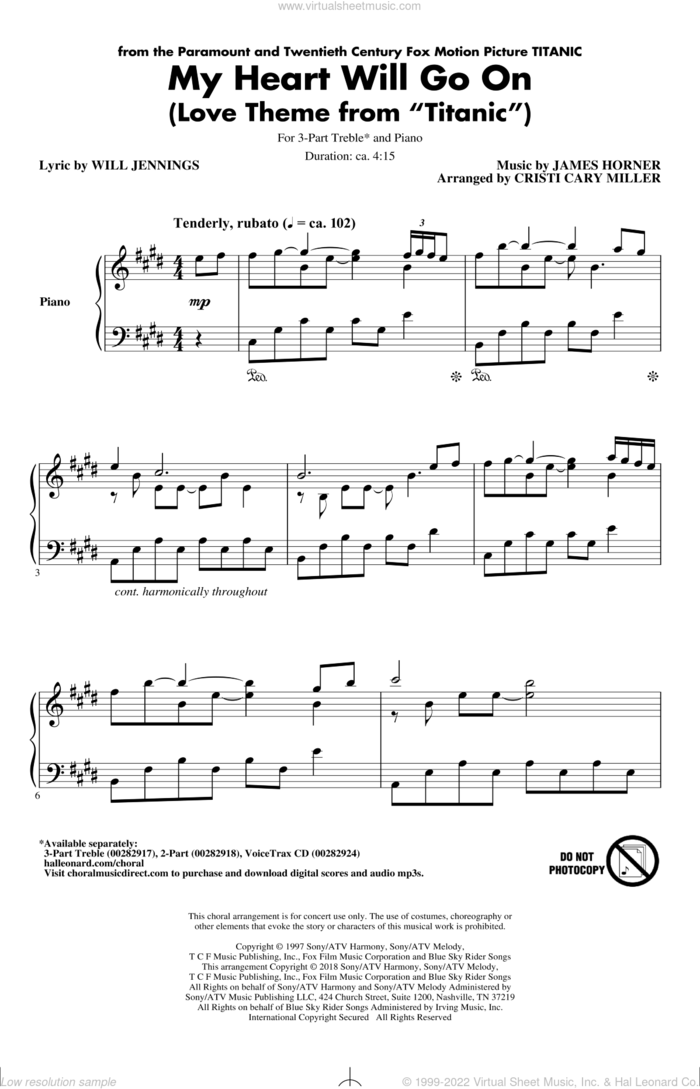 My Heart Will Go On (from Titanic) (arr. Cristi Cary Miller) sheet music for choir (3-Part Treble) by Celine Dion, Cristi Cary Miller, James Horner and Will Jennings, wedding score, intermediate skill level