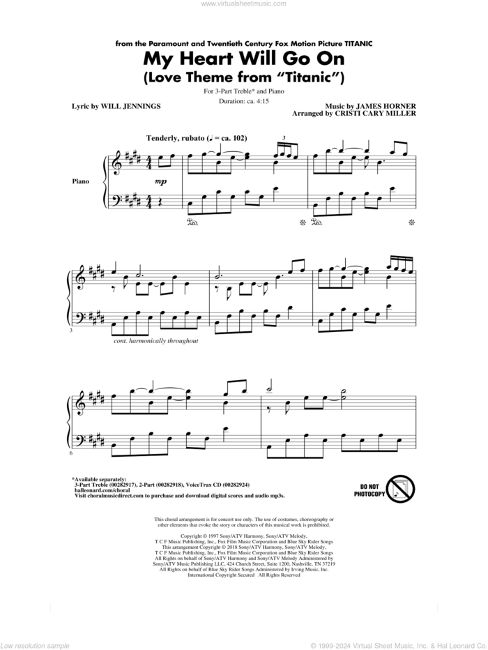 My Heart Will Go On (from Titanic) (arr. Cristi Cary Miller) sheet music for choir (3-Part Treble) by Celine Dion, Cristi Cary Miller, James Horner and Will Jennings, wedding score, intermediate skill level