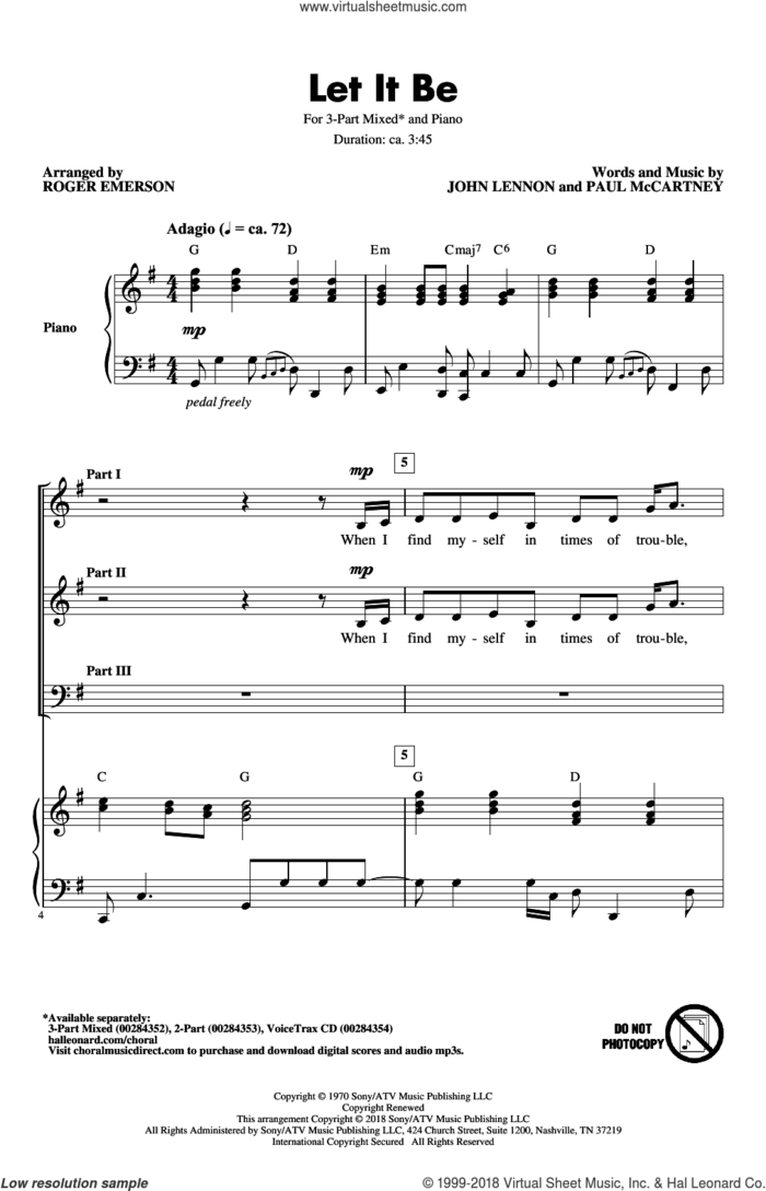 Let It Be (arr. Roger Emerson) sheet music for choir (3-Part Mixed) by The Beatles, Roger Emerson, John Lennon and Paul McCartney, intermediate skill level