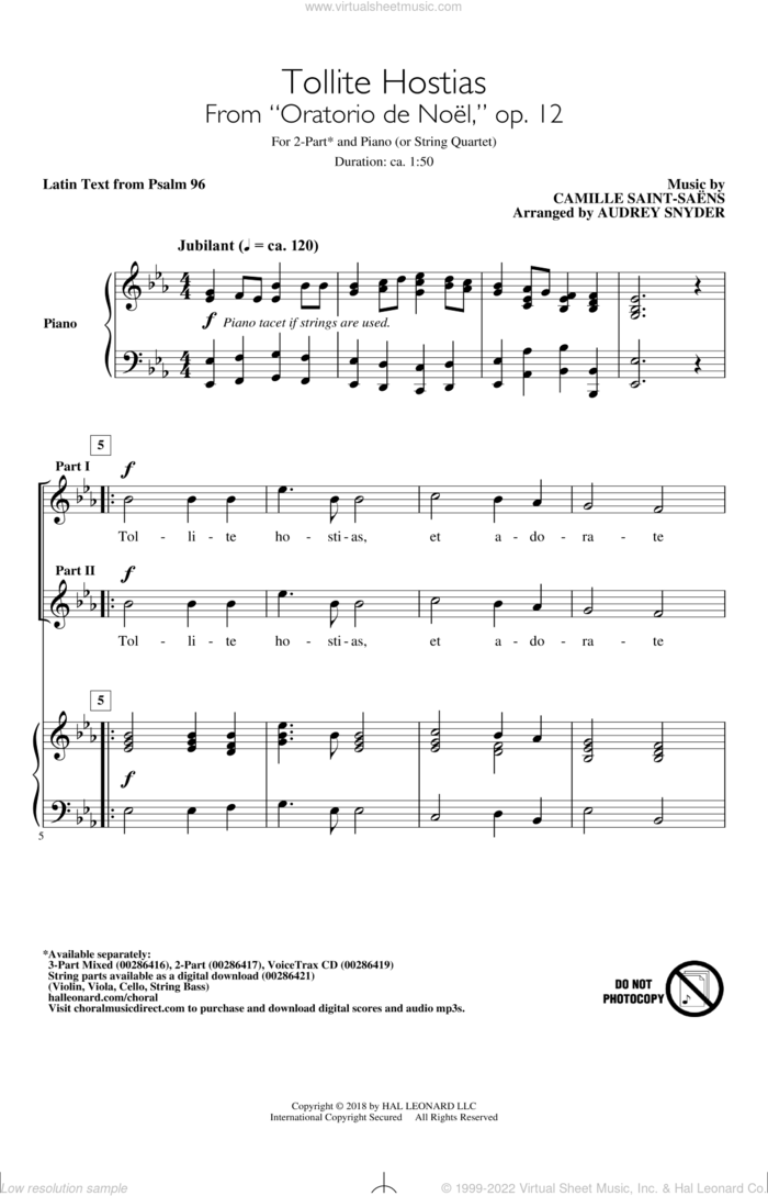 Tollite Hostias (arr. Audrey Snyder) sheet music for choir (2-Part) by Camille Saint-Saens, Audrey Snyder and Psalm 96, intermediate duet
