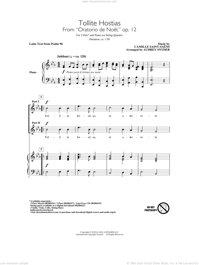 Tollite Hostias (arr. Audrey Snyder) sheet music for choir (2-Part) by Camille Saint-Saens, Audrey Snyder and Psalm 96, intermediate duet