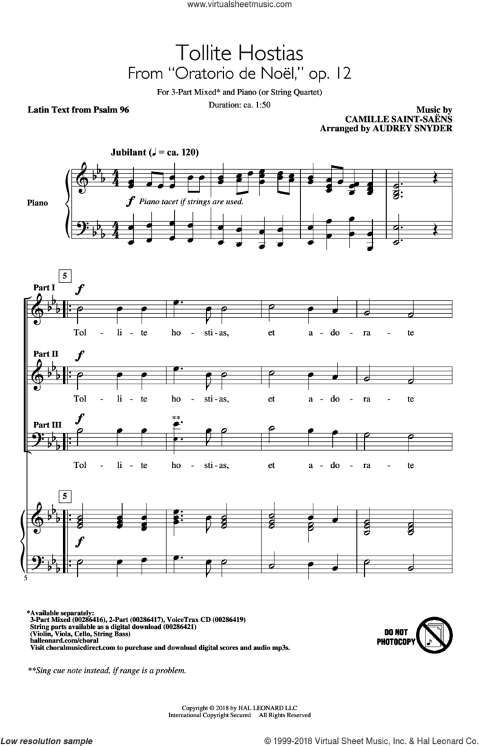 Tollite Hostias (arr. Audrey Snyder) sheet music for choir (3-Part Mixed) by Camille Saint-Saens, Audrey Snyder and Psalm 96, intermediate skill level