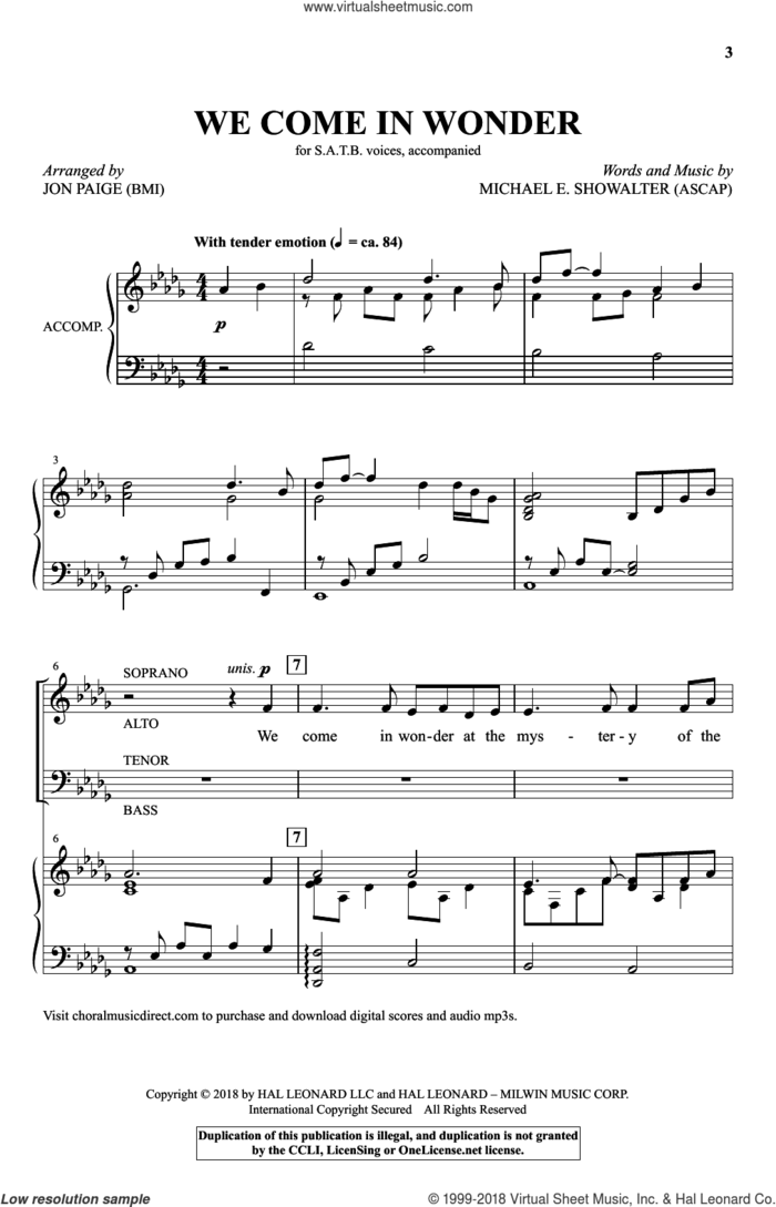 We Come In Wonder (arr. Jon Paige) sheet music for choir (SATB: soprano, alto, tenor, bass) by Michael E. Showalter and Jon Paige, intermediate skill level