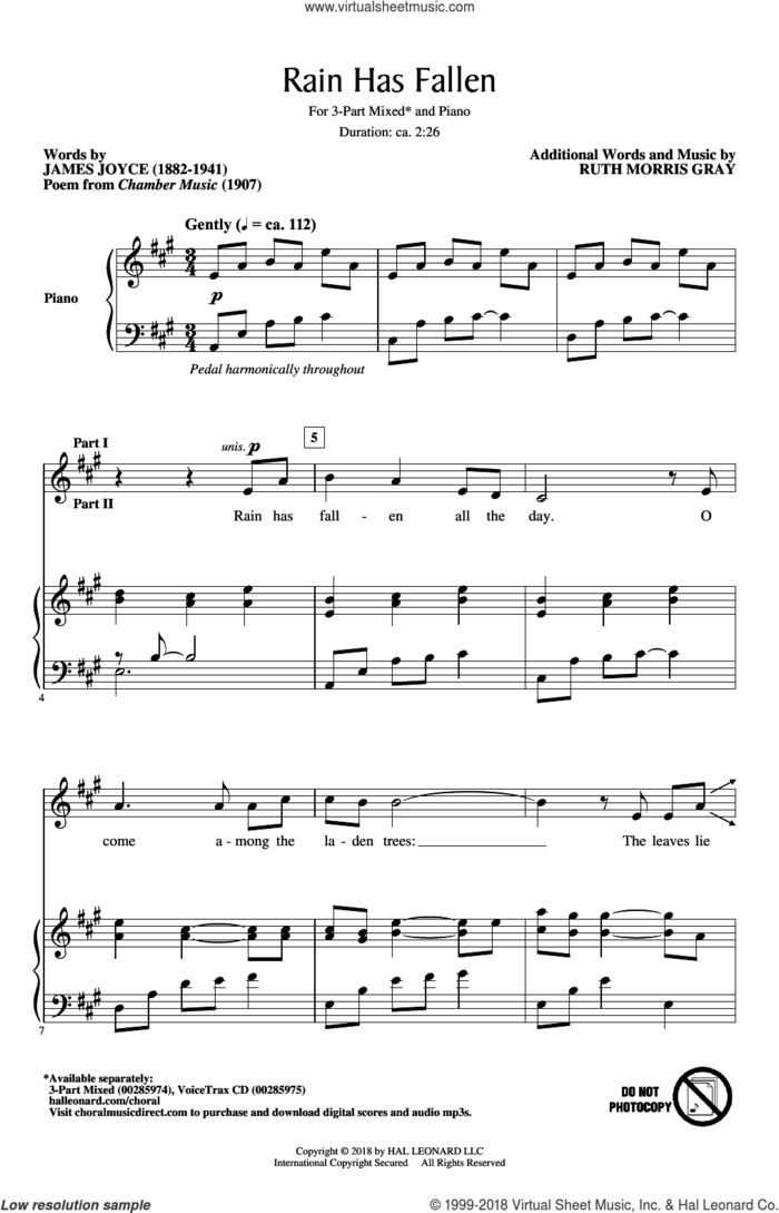 Rain Has Fallen sheet music for choir (3-Part Mixed) by Ruth Morris Gray and James Joyce, intermediate skill level