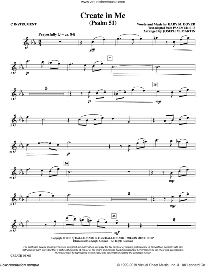 Create In Me (Psalm 51) (arr. Joseph M. Martin) sheet music for choir (SATB: soprano, alto, tenor, bass) by Kary Dover, Joseph M. Martin and Psalm 51:10-13, intermediate skill level