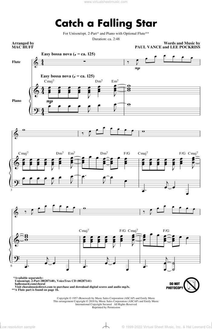 Catch A Falling Star (arr. Mac Huff) sheet music for choir (Unison) by Paul Vance & Lee Pockriss, Mac Huff and Perry Como, intermediate skill level