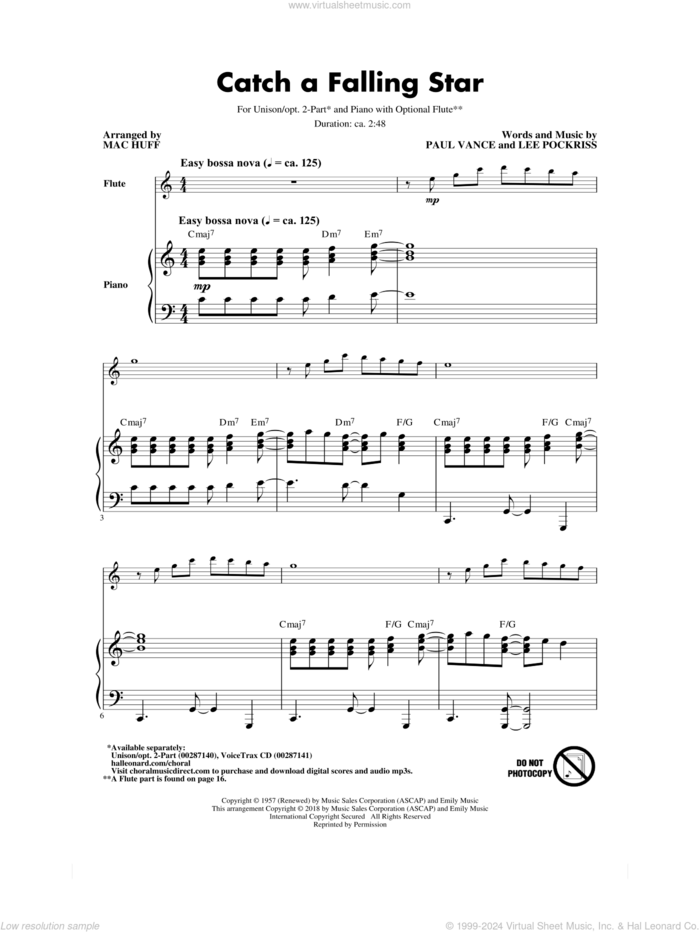 Catch A Falling Star (arr. Mac Huff) sheet music for choir (Unison) by Paul Vance & Lee Pockriss, Mac Huff and Perry Como, intermediate skill level