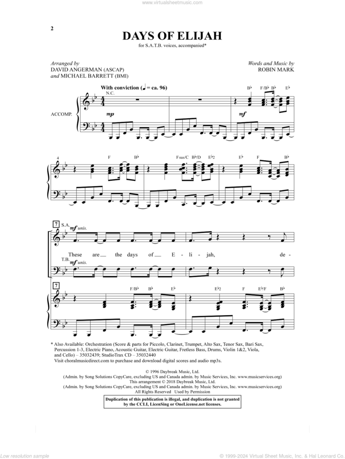 Days Of Elijah (arr. David Angerman and Michael Barrett) sheet music for choir (SATB: soprano, alto, tenor, bass) by Robin Mark, David Angerman and Michael Barrett, intermediate skill level