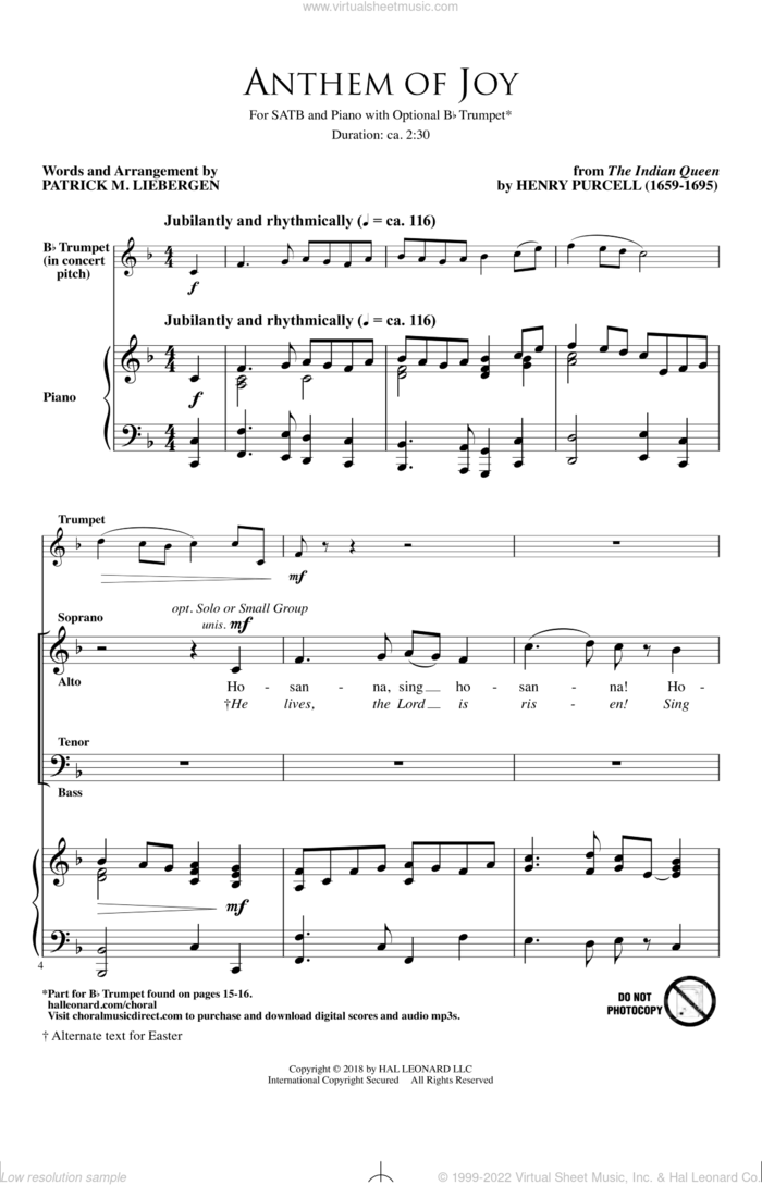 Anthem Of Joy sheet music for choir (SATB: soprano, alto, tenor, bass) by Patrick Liebergen and Henry Purcell, intermediate skill level