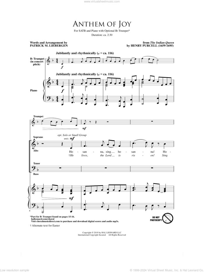 Anthem Of Joy sheet music for choir (SATB: soprano, alto, tenor, bass) by Patrick Liebergen and Henry Purcell, intermediate skill level