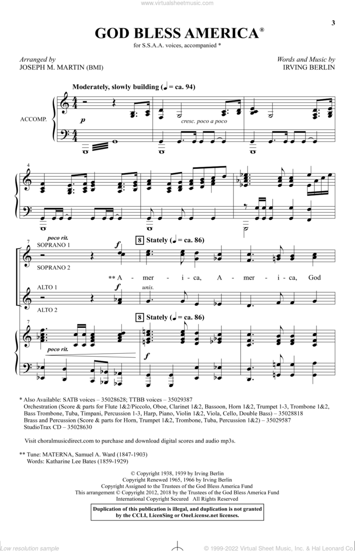 God Bless America (arr. Joseph M. Martin) sheet music for choir (SSAA: soprano, alto) by Irving Berlin and Joseph M. Martin, intermediate skill level
