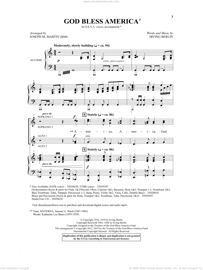 God Bless America (arr. Joseph M. Martin) sheet music for choir (SSAA: soprano, alto) by Irving Berlin and Joseph M. Martin, intermediate skill level