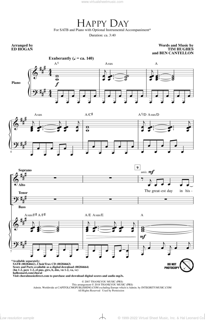 Happy Day (arr. Ed Hogan) sheet music for choir (SATB: soprano, alto, tenor, bass) by Tim Hughes & Ben Cantellon and Ed Hogan, intermediate skill level