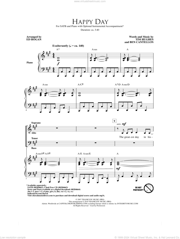 Happy Day (arr. Ed Hogan) sheet music for choir (SATB: soprano, alto, tenor, bass) by Tim Hughes & Ben Cantellon and Ed Hogan, intermediate skill level