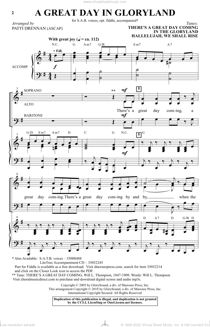 A Great Day In Gloryland sheet music for choir (SAB: soprano, alto, bass) by Will L. Thompson and Patti Drennan, intermediate skill level