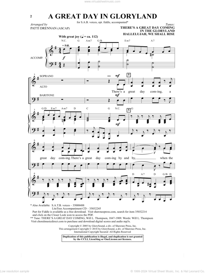 A Great Day In Gloryland sheet music for choir (SAB: soprano, alto, bass) by Will L. Thompson and Patti Drennan, intermediate skill level