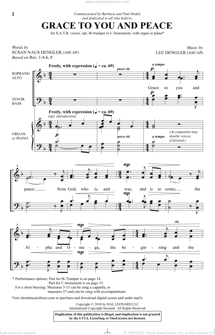 Grace To You And Peace sheet music for choir (SATB: soprano, alto, tenor, bass) by Lee Dengler and Susan Naus Dengler, intermediate skill level