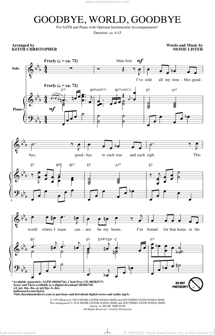 Goodbye World Goodbye (arr. Keith Christopher) sheet music for choir (SATB: soprano, alto, tenor, bass) by Mosie Lister and Keith Christopher, intermediate skill level