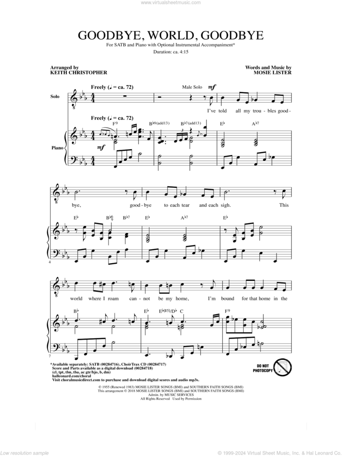 Goodbye World Goodbye (arr. Keith Christopher) sheet music for choir (SATB: soprano, alto, tenor, bass) by Mosie Lister and Keith Christopher, intermediate skill level