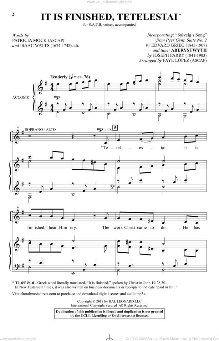 It Is Finished, Tetelestai (arr. Faye Lopez) sheet music for choir (SATB: soprano, alto, tenor, bass) by Edvard Grieg, Faye Lopez, Isaac Watts and Patricia Mock, intermediate skill level