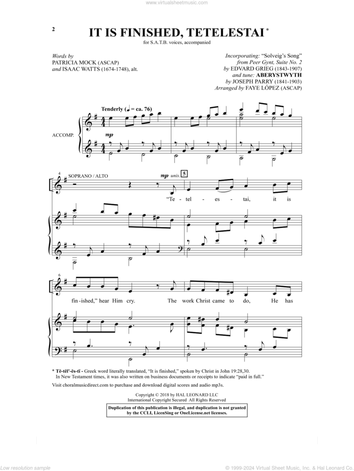 It Is Finished, Tetelestai (arr. Faye Lopez) sheet music for choir (SATB: soprano, alto, tenor, bass) by Edvard Grieg, Faye Lopez, Isaac Watts and Patricia Mock, intermediate skill level