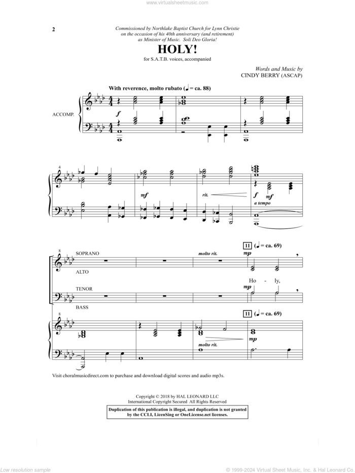 Holy! sheet music for choir (SATB: soprano, alto, tenor, bass) by Cindy Berry, intermediate skill level