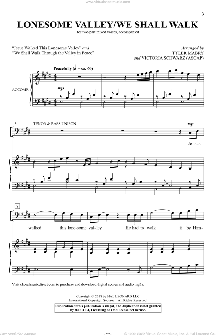 Lonesome Valley/We Shall Walk sheet music for choir (2-Part) by Tyler Mabry & Victoria Schwarz, Tyler Mabry and Victoria Schwarz, intermediate duet