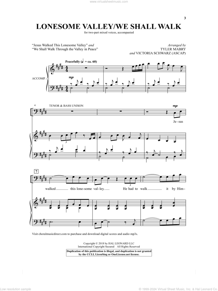 Lonesome Valley/We Shall Walk sheet music for choir (2-Part) by Tyler Mabry & Victoria Schwarz, Tyler Mabry and Victoria Schwarz, intermediate duet