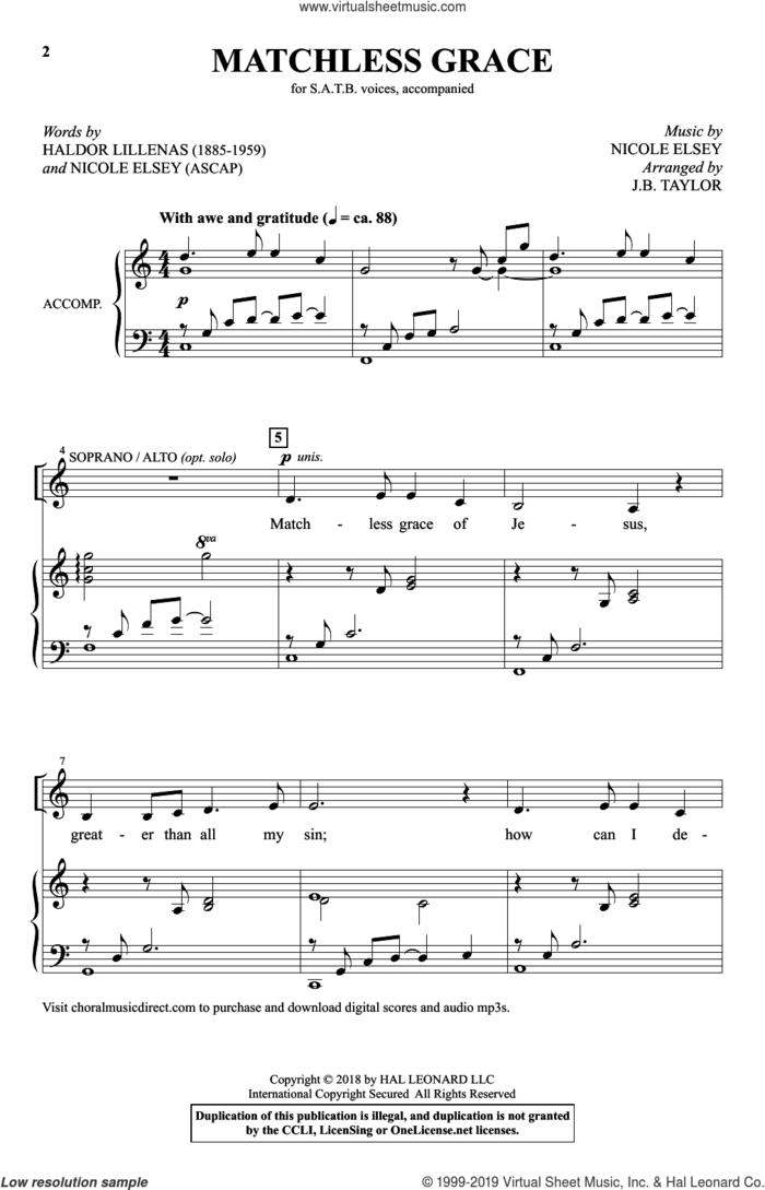 Matchless Grace (arr. J.B. Taylor) sheet music for choir (SATB: soprano, alto, tenor, bass) by Nicole Elsey, J.B. Taylor and Haldor Lillenas, intermediate skill level