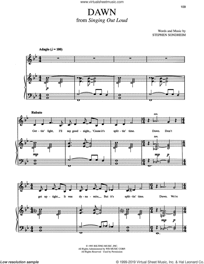 Dawn sheet music for voice and piano by Stephen Sondheim, intermediate skill level