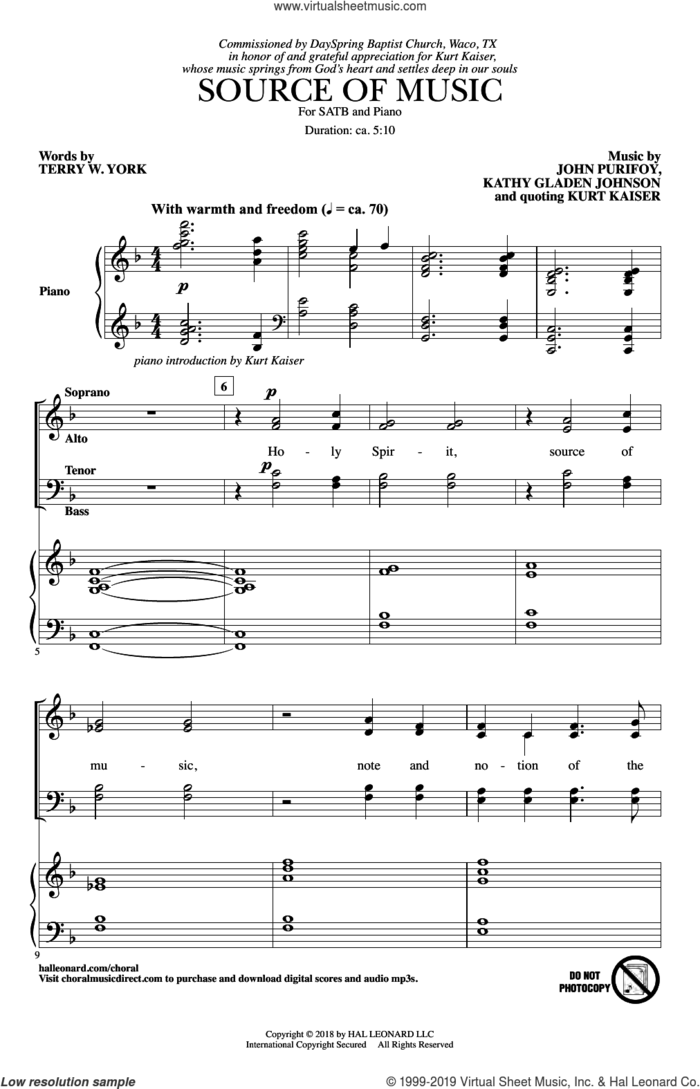 Source Of Music sheet music for choir (SATB: soprano, alto, tenor, bass) by John Purifoy, Kathy Gladen Johnson, Kurt Kaiser and Terry W. York, intermediate skill level