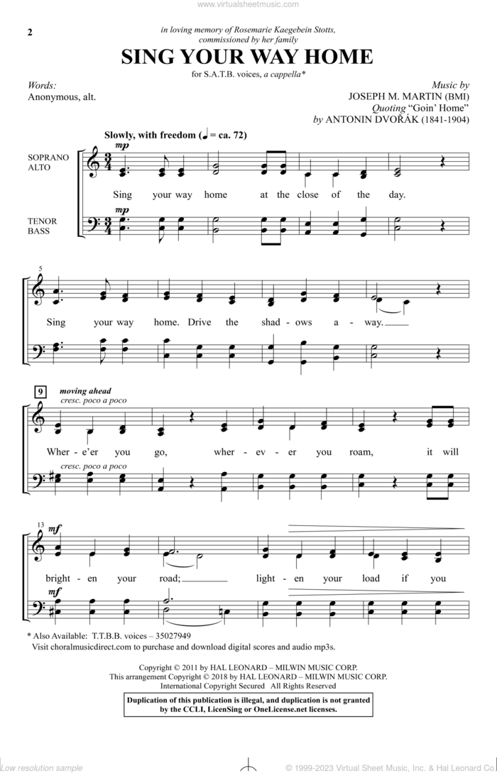 Sing Your Way Home sheet music for choir (SATB: soprano, alto, tenor, bass) by Joseph M. Martin and Antonin Dvorak and Antonin Dvorak, intermediate skill level