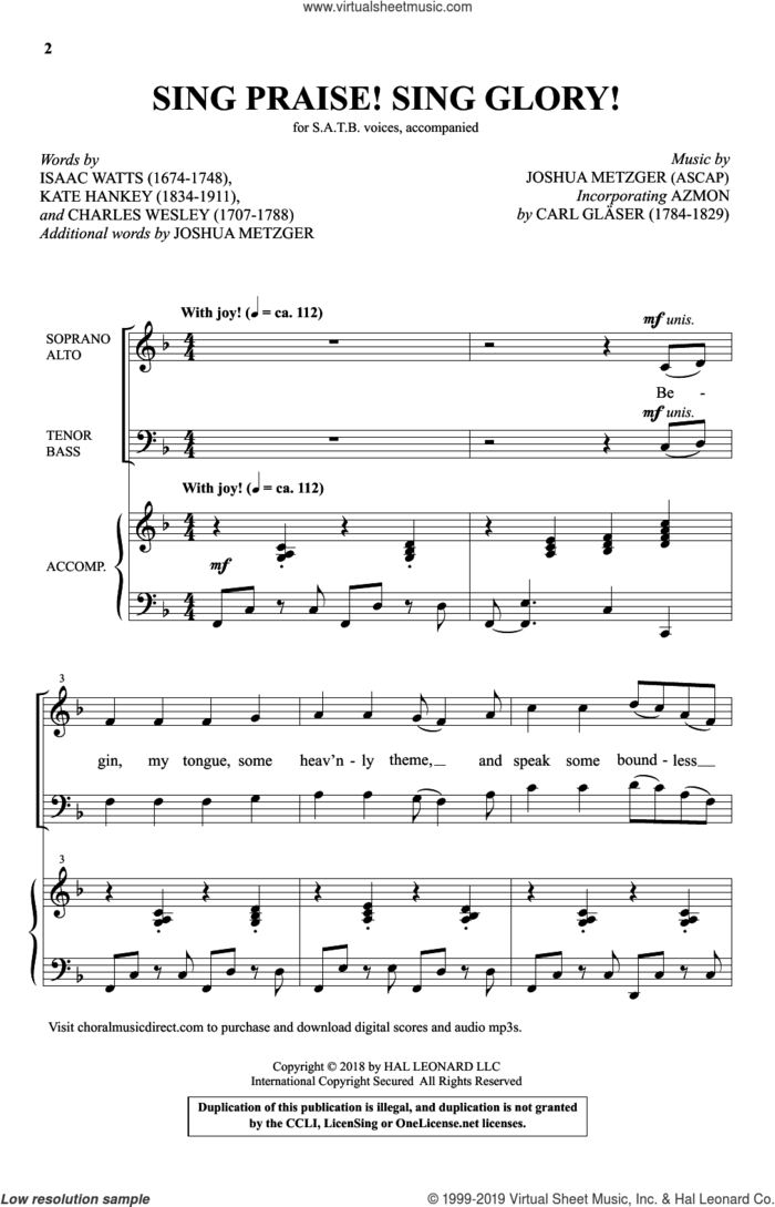 Sing Praise! Sing Glory! sheet music for choir (SATB: soprano, alto, tenor, bass) by Charles Wesley, Isaac Watts, Joshua Metzger and Kate Hankey, intermediate skill level