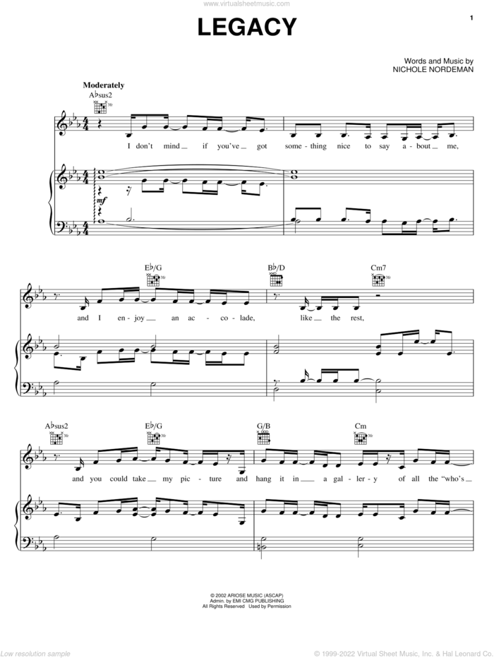 Legacy sheet music for voice, piano or guitar by Nichole Nordeman, intermediate skill level