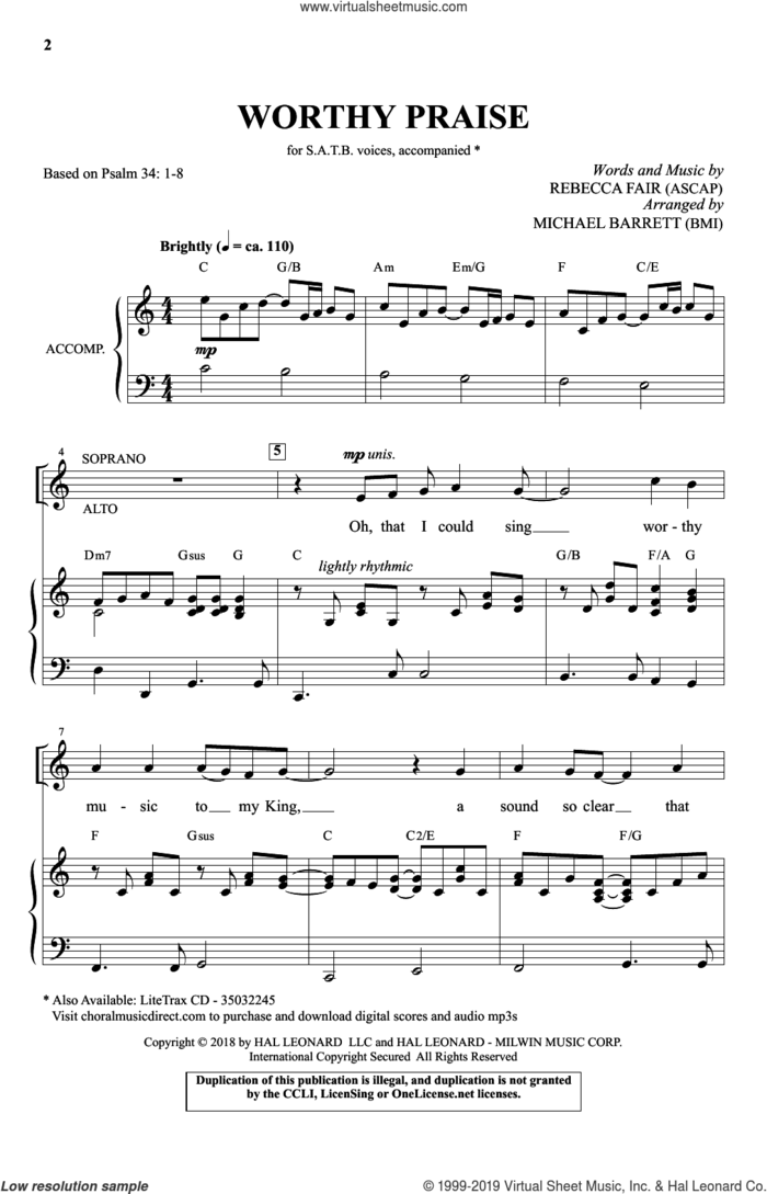 Worthy Praise (arr. Michael Barrett) sheet music for choir (SATB: soprano, alto, tenor, bass) by Rebecca Fair and Michael Barrett, intermediate skill level