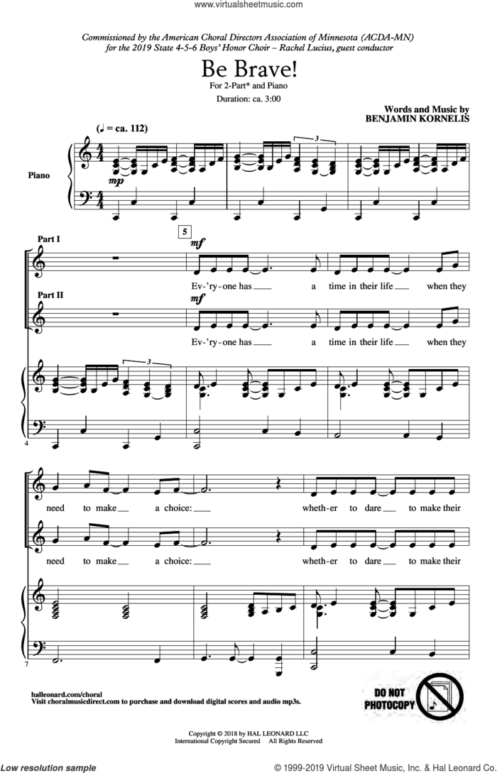 Be Brave! sheet music for choir (2-Part) by Benjamin Kornelis, intermediate duet