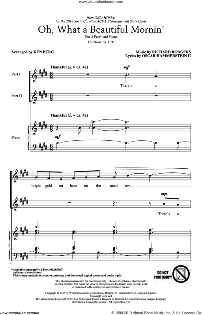 Oh, What A Beautiful Mornin' (from Oklahoma!) (arr. Ken Berg) sheet music for choir (2-Part) by Rodgers & Hammerstein and Ken Berg, intermediate duet