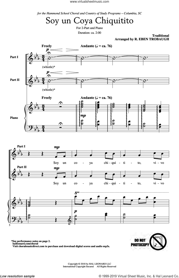 Soy Un Coya Chiquitito (arr. R. Eben Trobaugh) sheet music for choir (2-Part) by Traditional South American Fol, R. Eben Trobaugh and k Song, intermediate duet