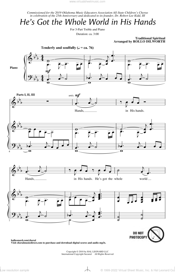 He's Got The Whole World In His Hands (arr. Rollo Dilworth) sheet music for choir (3-Part Treble)  and Rollo Dilworth, intermediate skill level