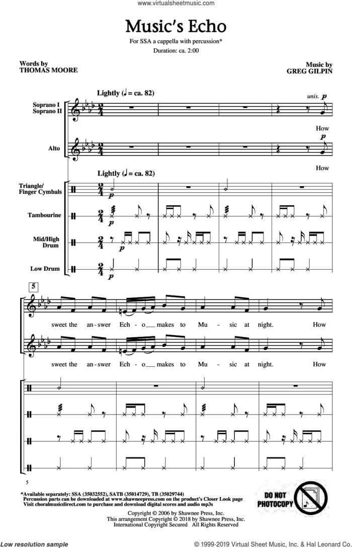 Music's Echo sheet music for choir (SSA: soprano, alto) by Thomas Moore & Greg Gilpin, intermediate skill level
