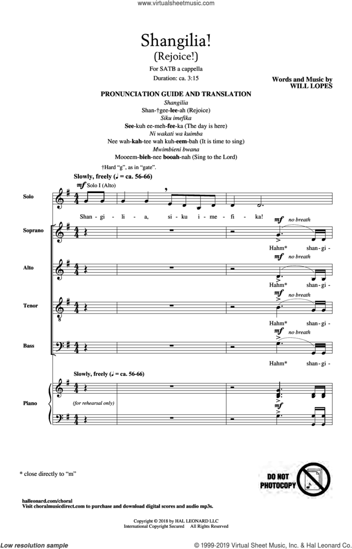 Shangilia! sheet music for choir (SATB: soprano, alto, tenor, bass) by Will Lopes, intermediate skill level
