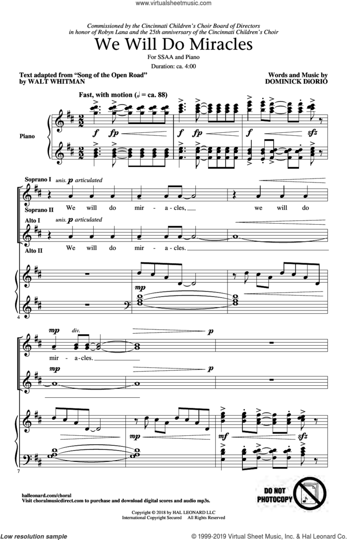 We Will Do Miracles sheet music for choir (SSA: soprano, alto) by Dominick DiOrio and Walt Whitman, intermediate skill level