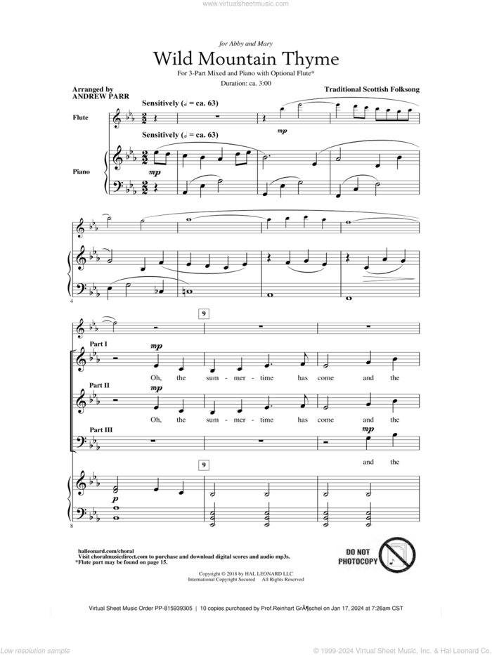 Wild Mountain Thyme (arr. Andrew Parr) sheet music for choir (3-Part Mixed) by Traditional Scottish Folk Song and Andrew Parr, intermediate skill level