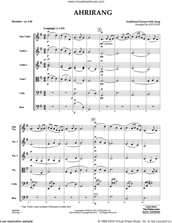 Ahrirang (arr. Soo Han) (COMPLETE) sheet music for orchestra by Traditional Korean Folk Song and Soo Han, intermediate skill level