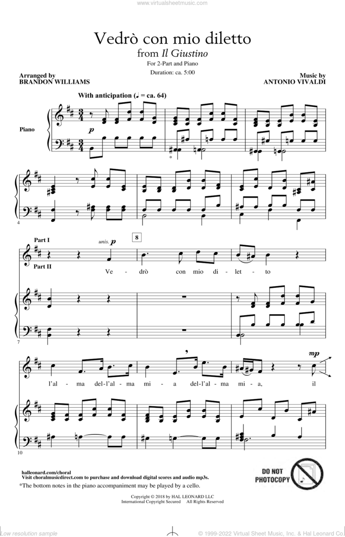 Vedro Con Mio Diletto (arr. Brandon Williams) sheet music for choir (2-Part) by Antonio Vivaldi and Brandon Williams, intermediate duet