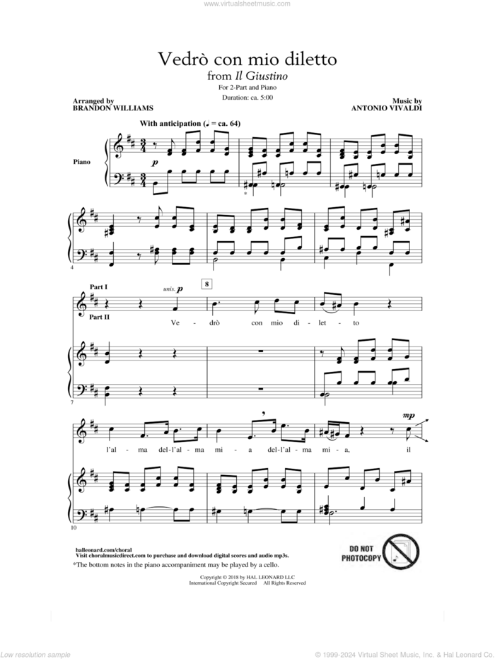 Vedro Con Mio Diletto (arr. Brandon Williams) sheet music for choir (2-Part) by Antonio Vivaldi and Brandon Williams, intermediate duet